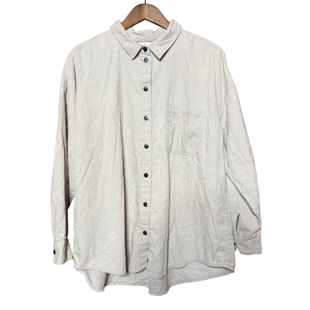 HM LOGG Women Large Beige Corduroy Casual Button Down 100% Cotton Shirt
